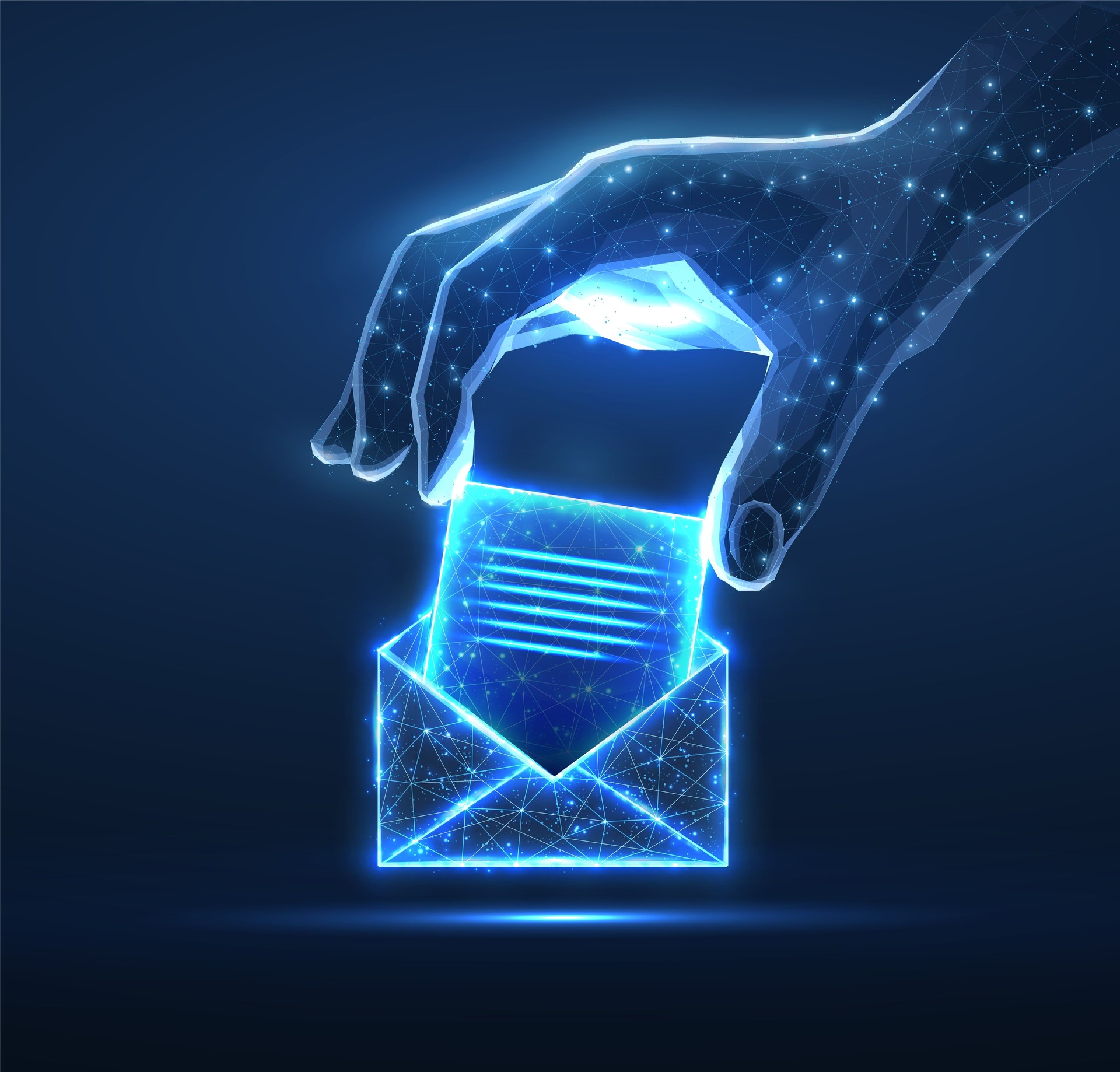 Digital hand put letter in to the envelop. AI mailing, email icon, inbox logo, envelope symbol